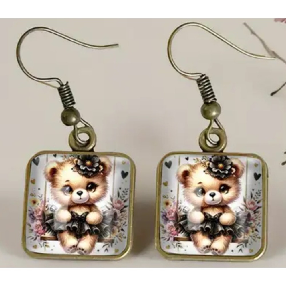 square glass cabochon bear animal floral dangling summer casual earrings